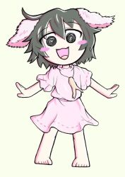 Rule 34 | 1boy, animal ears, barefoot, black eyes, black hair, blush, blush stickers, commentary request, cookie (touhou), cowlick, drddrddo, floppy ears, full body, ginger root, hair between eyes, inaba tewi, jun (cookie), long bangs, looking at viewer, male focus, open mouth, pink shirt, pink skirt, rabbit boy, rabbit ears, ribbon-trimmed skirt, ribbon-trimmed sleeves, ribbon trim, shirt, short hair, simple background, skirt, smile, solo, standing, touhou