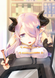 Rule 34 | 10s, 1girl, amekosame, black gloves, blue eyes, book, bookshelf, braid, breast rest, breasts, cable, character doll, cleavage, demon horns, draph, drawing tablet, female focus, fingerless gloves, gloves, gradient eyes, granblue fantasy, hair ornament, hair over one eye, holding, horns, lace, large breasts, light purple hair, long hair, md5 mismatch, monitor, multicolored eyes, narmaya (granblue fantasy), open mouth, pointy ears, purple eyes, purple hair, sleeveless, solo, stitches, stylus, upper body, vyrn (granblue fantasy)