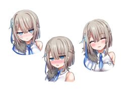 Rule 34 | 1girl, ^ ^, anger vein, blue eyes, blue neckwear, blush, braid, brown hair, character request, closed eyes, closed mouth, collared shirt, cropped torso, facing viewer, fur trim, hair between eyes, head tilt, indie virtual youtuber, looking at viewer, multiple views, necktie, nose blush, official art, parted lips, shiodome oji, shirt, short hair, short necktie, simple background, sleeveless, sleeveless shirt, smile, upper body, v-shaped eyebrows, virtual youtuber, white background, white shirt