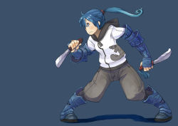 Rule 34 | armor, blue eyes, blue hair, boots, knife, peco, ponytail, shadow, solo, sword, weapon, zipper