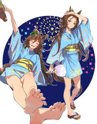 Rule 34 | 1girl, animal ears, animal print, arm up, barefoot, blue background, blue eyes, blue kimono, brown hair, commentary request, ear ornament, feet, fish print, geta, hand fan, holding, holding fan, holding shoes, horse ears, horse girl, horse tail, japanese clothes, kimono, long hair, long sleeves, looking at viewer, misu kasumi, mr. c.b. (umamusume), open mouth, paper fan, shoes, unworn shoes, simple background, smile, solo, tail, tracen ondo outfit (umamusume), two-tone background, uchiwa, umamusume, white background