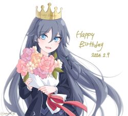 Rule 34 | black jacket, black shirt, black shorts, black sleeves, blue eyes, blue hair, bow, crown, dated, flower, fu hua, grey hair, hair between eyes, happy birthday, highres, honkai (series), honkai impact 3rd, jacket, leaf, long hair, long sleeves, looking at viewer, object on head, official alternate costume, open clothes, open jacket, open mouth, orange flower, pink flower, red bow, shirt, shorts, simple background, twitter username, upper body, white background, white flower, yuhuria 52
