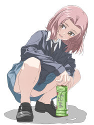 Rule 34 | 10s, 1girl, bare legs, blue skirt, boko (maniacpurple), bottle, brown eyes, dress shirt, girls und panzer, highres, loafers, long sleeves, necktie, no socks, open mouth, panties, pantyshot, parted bangs, pleated skirt, red hair, rosehip (girls und panzer), school uniform, shadow, shirt, shoes, short hair, simple background, skirt, solo, squatting, sweater, underwear, white shirt