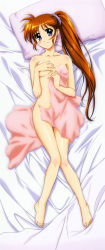 Rule 34 | 00s, 1girl, absurdres, barefoot, breasts, brown hair, completely nude, covering breasts, covering one breast, covering privates, dakimakura (medium), feet, female focus, full body, highres, long hair, lying, lyrical nanoha, mahou shoujo lyrical nanoha, naked towel, no bra, no panties, nude, official art, okuda yasuhiro, pillow, smile, solo, takamachi nanoha, topless, towel