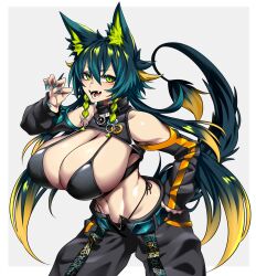 Rule 34 | 1girl, absurdres, amagami shinia, animal ears, aqua hair, aqua nails, arms up, badge, baggy pants, bikini, bikini under clothes, blush, braid, breastless clothes, breasts, button badge, commission, commissioner insert, contrapposto, detached sleeves, fang, fangs, green eyes, green hair, hand up, highres, huge breasts, hz (666v), indie virtual youtuber, large breasts, micro bikini, multicolored hair, navel, open fly, open mouth, orange hair, pants, side-tie bikini bottom, simple background, skeb commission, solo, swimsuit, tail, twin braids, unbuttoned, virtual youtuber, white background, wolf ears, wolf girl, wolf tail