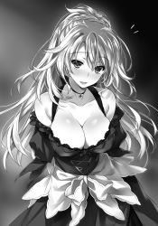 Rule 34 | 1girl, :d, blush, braid, breasts, cleavage, collarbone, crown braid, dress, floating hair, freckles, greyscale, hair between eyes, head tilt, highres, jewelry, kuro shishi jou kitan, large breasts, long hair, long sleeves, looking at viewer, monochrome, necklace, novel illustration, off-shoulder dress, off shoulder, official art, open mouth, shiny skin, smile, solo, standing, very long hair, yasaka minato
