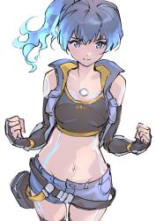 Rule 34 | 1girl, bare shoulders, black gloves, black thighhighs, blue hair, blue shorts, blue vest, breasts, clenched hands, closed mouth, collarbone, commentary request, cowboy shot, denim, denim shorts, elbow gloves, fiery hair, fingerless gloves, gloves, hair between eyes, highres, navel, open clothes, open vest, purple eyes, sena (xenoblade), short shorts, shorts, side ponytail, simple background, sketch, small breasts, smile, solo, standing, thighhighs, ug333333, vest, white background, xenoblade chronicles (series), xenoblade chronicles 3