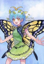 Rule 34 | 1girl, 2zuz4hru, antennae, aqua hair, butterfly wings, cowboy shot, dress, eternity larva, fairy, green dress, hair between eyes, highres, insect wings, leaf, leaf on head, multicolored clothes, multicolored dress, open mouth, painting (medium), short hair, short sleeves, smile, solo, touhou, traditional media, twitter username, watercolor (medium), watermark, wings, yellow eyes
