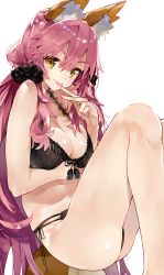 Rule 34 | 10s, 1girl, :p, absurdres, animal ears, bare arms, bare shoulders, black bra, black panties, black ribbon, bra, breast hold, breasts, cleavage, closed mouth, fate/extra, fate (series), feet out of frame, fox ears, frills, front-hook bra, hair between eyes, hair ornament, highres, knee up, kou mashiro, large breasts, lingerie, long hair, looking at viewer, nail polish, panties, pink nails, ribbon, shiny skin, sitting, skindentation, smile, solo, tamamo (fate), tamamo no mae (fate/extra), thighs, tongue, tongue out, underwear, v, v-shaped eyebrows, yellow eyes