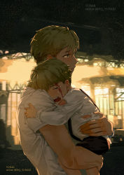 Rule 34 | 1boy, age comparison, aged down, black shorts, blonde hair, blood, blood on face, blouse, blue eyes, blurry, blurry background, carrying, carrying person, child, child carry, closed eyes, crying, depth of field, head on another&#039;s shoulder, highres, hq yunak, hug, injury, looking afar, open mouth, shirt, short sleeves, shorts, sobbing, spy x family, streaming tears, suspenders, t-shirt, tears, time paradox, torn clothes, twilight (spy x family), undercut, watermark, white shirt