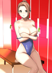 Rule 34 | 1girl, bare shoulders, breast hold, breasts, brown eyes, brown hair, cleavage, clothes pull, competition swimsuit, covering privates, covering breasts, dytm, highleg, highleg swimsuit, highres, knees together feet apart, large breasts, locker, locker room, long hair, looking at viewer, one-piece swimsuit, one-piece swimsuit pull, original, pool monitor part-timer (dtym), sitting, solo, swimsuit