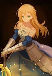 Rule 34 | 1girl, absurdres, adapted costume, ahoge, alternate hairstyle, armor, armored dress, artist name, artoria pendragon (all), artoria pendragon (fate), bare shoulders, blonde hair, blue dress, breastplate, closed mouth, commentary, dress, excalibur (fate/stay night), fate/grand order, fate/stay night, fate (series), floating hair, gauntlets, green eyes, hair between eyes, highres, holding, holding sword, holding weapon, li kha, light particles, long hair, looking at viewer, plackart, saber (fate), solo, sword, weapon