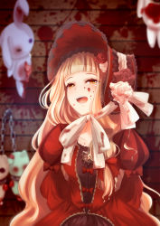 Rule 34 | 1girl, arm behind back, blonde hair, blood, blood on face, blood splatter, blunt bangs, bonnet, bow, brick wall, chain, collarbone, dress, flower, hair bow, hat, highres, indoors, juliet sleeves, long hair, long sleeves, looking up, neck ribbon, open mouth, orange eyes, puffy sleeves, rabbit, red bow, red dress, red flower, red hat, red riding hood (sinoalice), red rose, ribbon, rose, sagarifuji000, sinoalice, solo, solo focus, splatter, standing, stuffed animal, stuffed rabbit, stuffed toy, teeth, upper body, upper teeth only, wavy hair, white ribbon