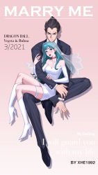 Rule 34 | 1girl, absurdres, aqua eyes, aqua hair, artist name, bare shoulders, black footwear, black hair, black jacket, black legwear, black pants, blue eyes, blunt bangs, blush, boots, bracelet, bridal veil, bride, bulma, character name, choker, closed mouth, copyright name, couple, cover, cross, cross earrings, dragon ball, dragonball z, dress, drop shadow, earrings, english text, fake magazine cover, fingernails, formal, frown, full body, furrowed brow, gradient background, groom, hand on own arm, hands on another&#039;s arm, hetero, high heel boots, high heels, highres, husband and wife, inverted cross, invisible chair, jacket, jewelry, knee boots, lipstick, long hair, long sleeves, looking at viewer, magazine cover, makeup, matching earrings, mismatched earrings, nail polish, off-shoulder dress, off shoulder, open mouth, pants, pencil dress, pendant, pink background, pink nails, red lips, ring, sharp fingernails, shoes, short dress, sitting, sitting on lap, sitting on person, skindentation, socks, spiked hair, straight hair, stud earrings, suit, thigh strap, vegeta, veil, wedding band, wedding dress, white dress, white footwear, xhe 1992