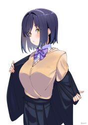Rule 34 | 1girl, absurdres, black jacket, black skirt, blush, bow, bowtie, breasts, collared shirt, highres, hizikit, jacket, long sleeves, looking at viewer, medium breasts, nijisanji, parted lips, purple bow, purple bowtie, purple hair, shirt, shizuka rin, shizuka rin (1st costume), short hair, sidelocks, simple background, skirt, solo, sweater, sweater tucked in, sweater vest, twitter username, undressing, upper body, virtual youtuber, white background, yellow eyes, yellow sweater