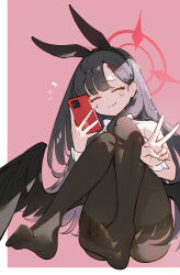 Rule 34 | 1girl, ^ ^, absurdres, animal ears, arient5888, black hair, black pantyhose, black wings, blue archive, blush, cellphone, closed eyes, facing viewer, fake animal ears, feathered wings, halo, highres, holding, holding phone, ichika (blue archive), knees up, long hair, no shoes, pantyhose, phone, rabbit ears, simple background, sleeves past wrists, soles, solo, straight hair, thighband pantyhose, toes, v, very long hair, wings
