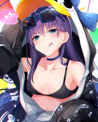 Rule 34 | 1girl, :q, animal hood, bare shoulders, bikini, bikini under clothes, black bikini, black jacket, blue-framed eyewear, blue bow, blue choker, blue eyes, blush, bow, breasts, choker, closed mouth, collarbone, commentary request, eighth note, eyewear on head, fate/grand order, fate (series), hair between eyes, highres, hood, hood up, hooded jacket, jacket, long hair, long sleeves, meltryllis, meltryllis (fate), meltryllis (swimsuit lancer) (fate), meltryllis (swimsuit lancer) (first ascension) (fate), musical note, penguin hood, puffy long sleeves, puffy sleeves, purple hair, shiira (nya rl), sleeves past fingers, sleeves past wrists, small breasts, smile, solo, spoken musical note, sunglasses, swimsuit, tongue, tongue out, upper body, v-shaped eyebrows, very long hair, water