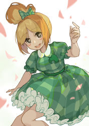 Rule 34 | 1girl, absurdres, alternate costume, animal crossing, blonde hair, blush, blush stickers, bow, breasts, commentary request, dress, frills, green bow, green dress, hair bow, highres, humanization, isabelle (animal crossing), kotatsu kaya, looking at viewer, medium breasts, nintendo, puffy short sleeves, puffy sleeves, short sleeves, smile, solo, teeth, topknot, upper teeth only