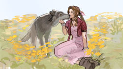 Rule 34 | 1girl, aerith gainsborough, bracelet, braid, choker, closed eyes, cropped jacket, dress, field, final fantasy, final fantasy vii, final fantasy vii remake, flower, flower field, hair ribbon, highres, jacket, jewelry, kneeling, long dress, necklace, newb ff7r, parted bangs, pink dress, pink ribbon, red jacket, ribbon, sidelocks, smile, square enix, wold, yellow eyes, yellow flower
