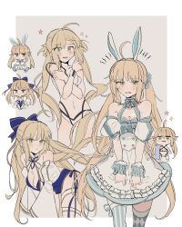 Rule 34 | 1girl, ahoge, animal ears, apron, artoria caster (fate), artoria caster (swimsuit) (fate), artoria caster (swimsuit) (first ascension) (fate), artoria caster (swimsuit) (second ascension) (fate), artoria caster (swimsuit) (third ascension) (fate), artoria pendragon (fate), asymmetrical legwear, bare shoulders, bikini, blonde hair, blue bow, blue dress, blue one-piece swimsuit, blue ribbon, blue thighhighs, blush, bow, bow legwear, breasts, casual one-piece swimsuit, checkered thighhighs, chibi, cleavage, criss-cross halter, cropped legs, detached sleeves, dress, dress bow, fake animal ears, fate/grand order, fate (series), frilled apron, frills, frown, green eyes, hair bow, hairband, halterneck, highres, long hair, long sleeves, looking at viewer, mismatched legwear, multiple views, navel, note nii, official alternate costume, one-piece swimsuit, open mouth, puffy short sleeves, puffy sleeves, rabbit ears, ribbon, scrunchie, short sleeves, simple background, small breasts, star (symbol), stomach, striped clothes, striped thighhighs, swimsuit, thighhighs, twintails, two-tone thighhighs, vertical-striped clothes, vertical-striped thighhighs, very long hair, waist apron, white bikini, white thighhighs, wrist scrunchie, wristband, x arms