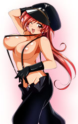 Rule 34 | 1girl, afuro, alternate eye color, areola slip, arm behind head, arm up, armpits, bakuretsu hunters, black gloves, black hat, black pants, blush, breasts, chocolate misu, collarbone, earrings, from side, gloves, gradient background, hand up, hat, jewelry, large breasts, legs apart, long hair, looking at viewer, naughty face, one eye closed, open mouth, pants, peaked cap, pink background, raised eyebrow, red eyes, red hair, shiny skin, sidelocks, smile, solo, standing, suspenders, swept bangs, topless, white background