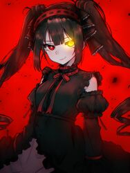Rule 34 | 1girl, absurdres, black dress, black hair, clock eyes, closed mouth, commentary, date a live, detached sleeves, dress, ebora, female focus, frilled dress, frills, hair between eyes, heterochromia, highres, long hair, looking at viewer, red background, red eyes, red theme, simple background, sleeveless, sleeveless dress, smile, solo, symbol-shaped pupils, tokisaki kurumi, upper body, yellow eyes
