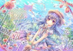 Rule 34 | 1girl, ahoge, apron, arch, blue hair, blue sky, boots, bow, bush, card, cloud, coa (chroo x), day, dress, dutch angle, female focus, fence, flower, food, frilled dress, frills, fruit, gradient hair, hat, heart, hinanawi tenshi, ironwork, long hair, looking at viewer, multicolored hair, outdoors, peach, playing card, puffy short sleeves, puffy sleeves, red eyes, sash, shirt, short sleeves, skirt, skirt hold, sky, smile, solo, touhou, transparent, v arms, very long hair, waist apron, wind