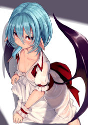 Rule 34 | 1girl, ass, bat wings, blue hair, bow, breasts, cleavage, clothes lift, collarbone, commentary request, dress, dress lift, food, food in mouth, from above, hair between eyes, hat, unworn hat, unworn headwear, highres, looking at viewer, no bra, opanchu (hakusen), pointy ears, popsicle, puffy short sleeves, puffy sleeves, red bow, red eyes, remilia scarlet, short hair, short sleeves, simple background, small breasts, solo, standing, sweat, touhou, wet, wet clothes, white background, white dress, wings, wrist cuffs