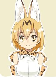 Rule 34 | 10s, 1girl, :&gt;, animal ears, bare shoulders, beige background, blush, bow, bowtie, breasts, brown eyes, cat ears, commentary request, elbow gloves, eyebrows, eyelashes, gloves, kemono friends, large breasts, looking at viewer, nose blush, orange hair, outline, sanpaku, serval (kemono friends), serval print, shirt, short hair, simple background, sketch, smile, solo, tareme, upper body, white outline, white shirt, yoshida on