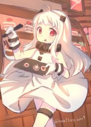 Rule 34 | 10s, 1girl, :q, abyssal ship, ahoge, bad id, bad pixiv id, cake, cookie, dress, food, gloves, horns, kantai collection, long hair, northern ocean princess, pale skin, plate, red eyes, single horn, sleeveless, sleeveless dress, sora 72-iro, tongue, tongue out, twitter username, white hair