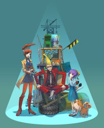 Rule 34 | 1boy, 2girls, badge, ball, barrel, belt, blonde hair, blue eyes, boots, bottle, bow, candle, carrying, cat, cat (ghost trick), clenched teeth, corded phone, crane (machine), dog, drum (container), formal, ghost trick, hair bow, headphones, highres, ichimura (kiln), jacket, kamila (ghost trick), kettle, ladder, lamp, light, lynne (ghost trick), missile (ghost trick), multiple girls, necktie, open mouth, pants, pantyhose, phone, purple hair, red hair, red pants, scarf, sissel (ghost trick), sitting, smile, suit, sunglasses, teeth, tire, umbrella, yomiel