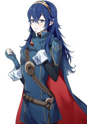 Rule 34 | 1girl, ameno (a meno0), armor, belt, black sweater, blue cape, blue gloves, blush, brown belt, cape, finger to mouth, fingerless gloves, fingernails, fire emblem, fire emblem awakening, gloves, grin, hair between eyes, index finger raised, long sleeves, looking at viewer, lucina (fire emblem), nintendo, pauldrons, red cape, ribbed sweater, shoulder armor, shushing, simple background, smile, solo, sweater, tiara, turtleneck, turtleneck sweater, two-tone cape, white background