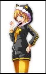 Rule 34 | 1girl, :d, absurdres, animal hood, black shorts, black sweater, blonde hair, blouse, blue eyes, border, cowboy shot, hand on own hip, highres, hood, hooded sweater, kagamine rin, pantyhose under shorts, nail polish, neckerchief, open mouth, orange konkon (module), pantyhose, pantyhose under shorts, partially unzipped, project diva (series), project diva x, shirt, short hair, short shorts, shorts, simple background, smile, solo, standing, sweater, tsukishiro saika, vocaloid, white background, white shirt, yellow nails, yellow pantyhose