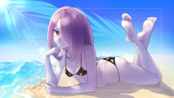 Rule 34 | 1girl, alternate costume, arikindows10, artist name, ass, beach, bikini, black bikini, breasts, bright pupils, closed mouth, commission, day, english text, food print, hair over one eye, crossed legs, light purple hair, little witch academia, long hair, looking at viewer, lying, mushroom print, ocean, on stomach, outdoors, pale skin, red eyes, sand, small breasts, smile, solo, string bikini, sucy manbavaran, sunlight, swimsuit, twitter username, water, white pupils