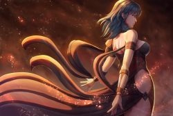 Rule 34 | 1girl, absurdres, armlet, back, bare shoulders, blue eyes, breasts, byleth (female) (fire emblem), byleth (fire emblem), dancer, dancer (fire emblem: three houses), dancing, dark green hair, dress, evomanaphy, fire emblem, fire emblem: three houses, green hair, highres, light particles, light rays, looking at viewer, looking back, medium hair, nintendo, sideboob, solo, thighs