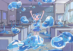 Rule 34 | 1girl, 1nupool, :3, :d, ahoge, arms up, blue eyes, blush stickers, faucet, floating, highres, indoors, liquid clothes, liquid hair, open mouth, original, school uniform, short hair, smile, solo, water, water elemental