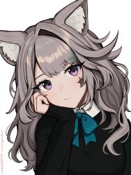 Rule 34 | 1girl, animal ears, aqua ribbon, artist name, black sweater, cat ears, cat girl, closed mouth, collared shirt, facial tattoo, genshin impact, hand on own cheek, hand on own face, head rest, highres, long hair, looking at viewer, lynette (genshin impact), neck ribbon, purple eyes, ribbon, shirt, simple background, solo, star tattoo, sweater, tattoo, upper body, vickie (cryingrobot), white background, white shirt