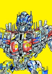 Rule 34 | autobot, blue eyes, close-up, highres, konachang, looking ahead, mecha, no humans, optimus prime, robot, solo, standing, transformers, transformers (live action), window, yellow background