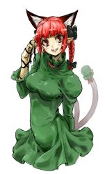 Rule 34 | 1girl, animal ears, bad id, bad pixiv id, braid, cat ears, cat girl, cat tail, chikuwa (tks), dress, extra ears, female focus, green dress, grin, impossible clothes, kaenbyou rin, multiple tails, no legs, oekaki, pointy ears, red eyes, red hair, ribbon, simple background, smile, solo, tail, touhou, twin braids, white background