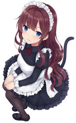 Rule 34 | 1girl, :3, absurdres, apron, black dress, black footwear, blue eyes, blush, breasts, brown hair, brown pantyhose, button gap, buttons, cat tail, collared dress, dress, earrings, frilled apron, frills, from above, full body, highres, ichinose shiki, idolmaster, idolmaster cinderella girls, jewelry, juliet sleeves, large breasts, long hair, long sleeves, looking at viewer, maid, maid apron, maid headdress, mary janes, mizunashi kenichi, neck ribbon, pantyhose, puffy sleeves, red ribbon, ribbon, shoes, sidelocks, simple background, sitting, smile, solo, striped clothes, striped dress, tail, waist apron, wavy hair, white apron, white background