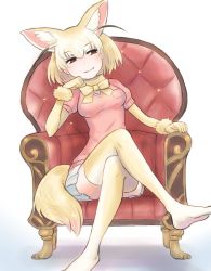 Rule 34 | 10s, 1girl, animal ear fluff, animal ears, blonde hair, bow, bowtie, chair, commentary, crossed legs, elbow gloves, fennec (kemono friends), fox ears, fox tail, from below, fur trim, gloves, kemono friends, no shoes, pleated skirt, puffy short sleeves, puffy sleeves, roozin, short hair, short sleeves, sitting, skirt, solo, tail, thighhighs, zettai ryouiki
