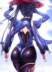 Rule 34 | 1girl, ass, cape, detached sleeves, elbow gloves, from behind, genshin impact, gloves, hair ornament, hair ribbon, hat, highres, huge ass, leotard, long hair, mona (genshin impact), o22no, pantyhose, purple hair, ribbon, shiny clothes, solo, thighlet, twintails, very long hair, vision (genshin impact)