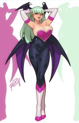 Rule 34 | 1girl, animal print, bad id, bad twitter id, bare shoulders, bat print, bat wings, black legwear, boots, breasts, capcom, cleavage, commentary, cosplay, crossed legs, curvy, demon girl, elbow gloves, english commentary, eyeshadow, full body, gloves, green eyes, green hair, head wings, highres, hip focus, knee boots, large breasts, legs, lipstick, long hair, low wings, makeup, morrigan aensland, one eye closed, open mouth, pantyhose, print pantyhose, purple lips, robaato, rouge the bat, rouge the bat (cosplay), sega, solo, sonic (series), standing, teeth, thick thighs, thighs, vampire (game), very long hair, white gloves, wide hips, wings, wink