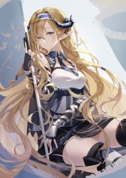 Rule 34 | 1girl, arknights, bare shoulders, black gloves, black thighhighs, blonde hair, blue eyes, blue hairband, blue necktie, breasts, chinese commentary, commentary request, daoye z-, fingerless gloves, gloves, hair between eyes, hairband, hand up, highres, holding, horns, long hair, looking at viewer, medium breasts, necktie, pointy ears, saileach (arknights), sitting, solo, thighhighs, thighs, very long hair