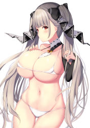 Rule 34 | 1girl, absurdres, azur lane, bare shoulders, between breasts, bikini, black dress, blunt bangs, blush, breasts, brown hair, cleavage, detached collar, dress, formidable (azur lane), hair ornament, highres, jewelry, large breasts, liya, long hair, looking at viewer, navel, neckwear between breasts, ribbon, simple background, skindentation, solo, swimsuit, twintails, two-tone ribbon, underboob, very long hair, white background, white bikini