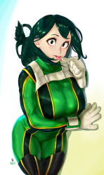 Rule 34 | 1girl, absurdres, asui tsuyu, black thighhighs, bodysuit, boku no hero academia, boots, breasts, cowboy shot, gloves, green bodysuit, green eyes, green hair, highres, large breasts, lips, long hair, looking at viewer, lying, matching hair/eyes, on side, solo, thigh boots, thighhighs, tongue, tongue out, white background, white gloves, zcune