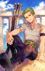 Rule 34 | 1boy, artist name, black pants, blue sky, boots, closed mouth, cloud, commentary request, girikashi43, green footwear, green hair, highres, male focus, multiple swords, one piece, pants, roronoa zoro, shirt, short hair, sitting, sky, solo, sword, twitter username, weapon, white shirt