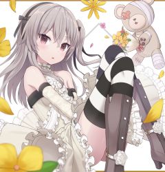 Rule 34 | 1girl, bandages, black thighhighs, blurry, blurry foreground, boko (girls und panzer), boots, bouquet, brown eyes, center frills, depth of field, dress, elbow gloves, floating, flower, frilled dress, frills, girls und panzer, gloves, grey footwear, halter dress, halterneck, highres, knee boots, light brown hair, long hair, looking at viewer, medium dress, one side up, parted lips, petals, shimada arisu, shuuichi (gothics), solo, striped clothes, striped thighhighs, stuffed animal, stuffed toy, teddy bear, textless version, thighhighs, white dress, white gloves, yellow flower