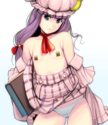 Rule 34 | 1girl, ascot, bad id, bad pixiv id, bare shoulders, blue eyes, book, cowboy shot, crescent, crescent moon, detached sleeves, female focus, flat chest, hat, kouno (masao), long hair, moon, off shoulder, panties, pasties, patchouli knowledge, postage stamp, purple hair, simple background, solo, stamp, touhou, underwear, white panties