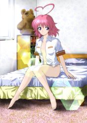 Rule 34 | 1girl, ahoge, aino heart, arcana heart, bare legs, barefoot, bed, belly, book, bookshelf, breasts, feet, heart, heart ahoge, highres, legs, looking at viewer, navel, no bra, no panties, no pants, on bed, open clothes, pink hair, purple eyes, room, school uniform, short hair, sitting, small breasts, smile, solo, stuffed animal, stuffed toy, teddy bear, thighs